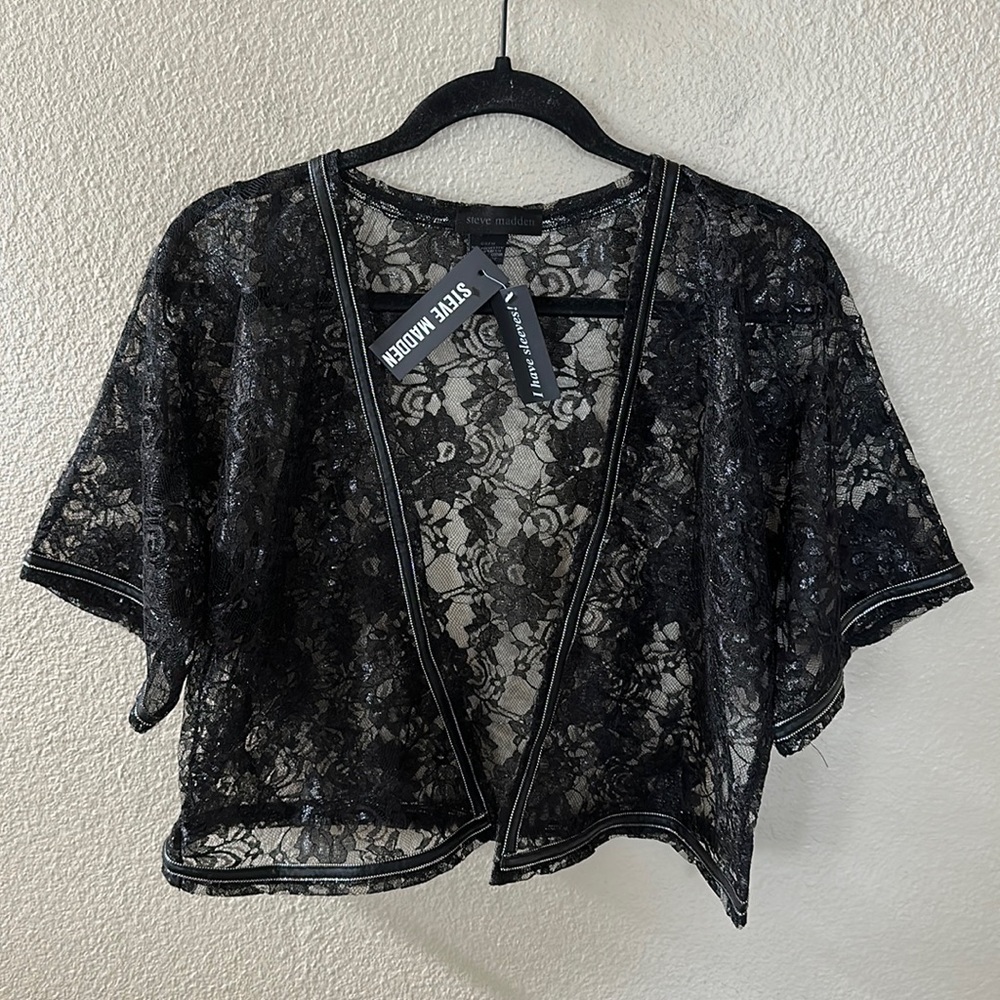 NEW Steve Madden Black Lace Ribbon Trim Cardigan OSFM NWT